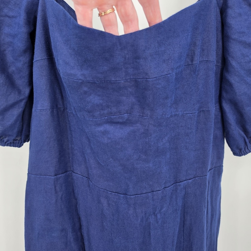 REFORMATION Belgium Linen Midi Dress Navy Blue Side Slit Puff Sleeve Sz 12 - Picture 16 of 16